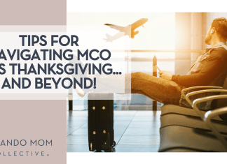 Jetshoots.com via Unsplash man sitting in an airport seat with his feet up on his suitcase with an airplane taking off out the window behind him with 'Tips for Navigating MCO this Thanksgiving… and beyond' on the left