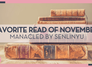 a stack of vintage books on a wooden table with words 'favorite read of November manacled by SenLinYu' over top