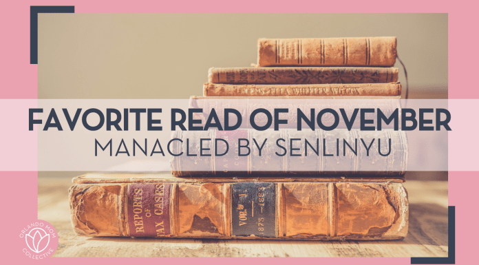 a stack of vintage books on a wooden table with words 'favorite read of November manacled by SenLinYu' over top