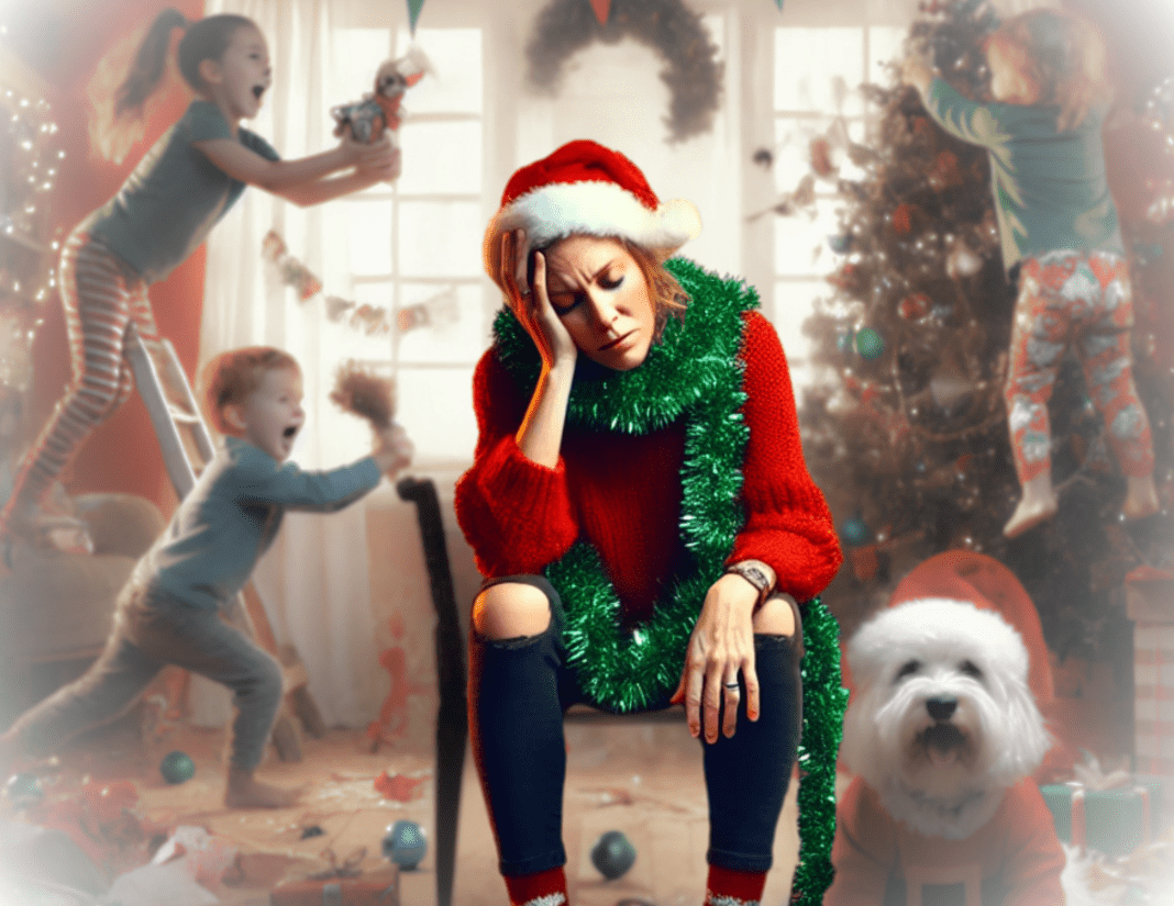 woman in xmas attire sitting on chair looking down with face in hands, dog staring at the camera to her left and children in the background chaos xmas chaos; holiday mom burnout