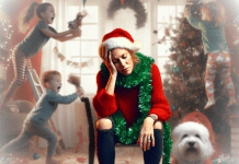 woman in xmas attire sitting on chair looking down with face in hands, dog staring at the camera to her left and children in the background chaos xmas chaos; holiday mom burnout