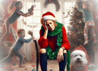 woman in xmas attire sitting on chair looking down with face in hands, dog staring at the camera to her left and children in the background chaos xmas chaos; holiday mom burnout