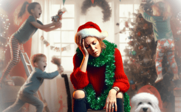 woman in xmas attire sitting on chair looking down with face in hands, dog staring at the camera to her left and children in the background chaos xmas chaos; holiday mom burnout