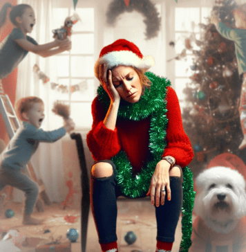 woman in xmas attire sitting on chair looking down with face in hands, dog staring at the camera to her left and children in the background chaos xmas chaos; holiday mom burnout