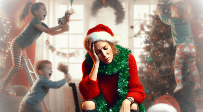 woman in xmas attire sitting on chair looking down with face in hands, dog staring at the camera to her left and children in the background chaos xmas chaos; holiday mom burnout