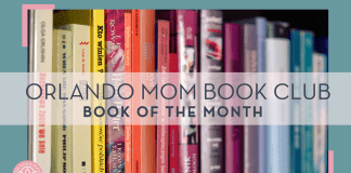 Orlando Mom Book Club Book of the Month words overtop of a rainbow stack of books