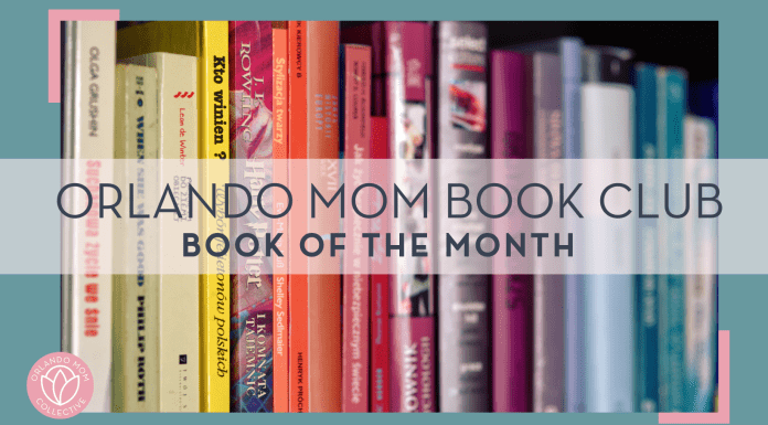 Orlando Mom Book Club Book of the Month words overtop of a rainbow stack of books