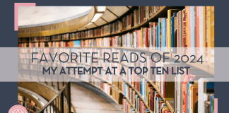 susan-q-yin via unsplash image of curved wall with books on shelves with "favorite reads of 2024 my attempt at a top ten list"