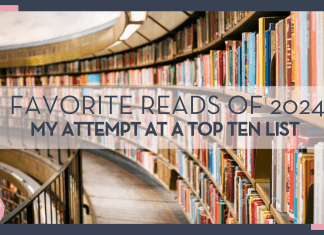 susan-q-yin via unsplash image of curved wall with books on shelves with "favorite reads of 2024 my attempt at a top ten list"