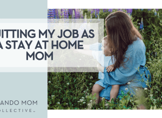 liana-mikah via unsplash woman in a lavender field with a baby in her lap with words 'quitting my job as a stay at home mom' overtop