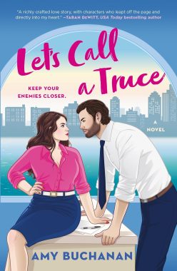 Let's Call a Truce novel cover with a woman in pink and blue sitting on a desk looking at a man in a white top and blue pants leaning on the opposite side of the desk.