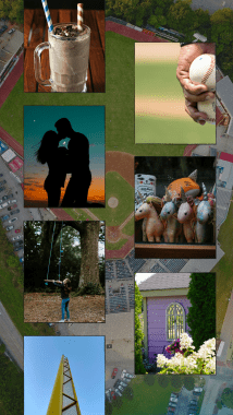 Baseball field background, with images of a milkshake, couple kissing, girl at a tree swing, foul pole, baseballs in a hand, stuffed horses and a purple house over laid.