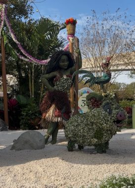 Topiary Moana and Pua with HeiHei on his head at the entrance of EPCOT for Flower and Garden Festival 2025