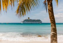 photo of cruis ship in the distance taken from the beach; cruising with teens