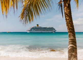 photo of cruis ship in the distance taken from the beach; cruising with teens
