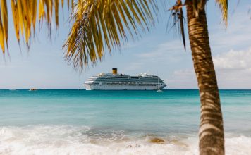 photo of cruis ship in the distance taken from the beach; cruising with teens