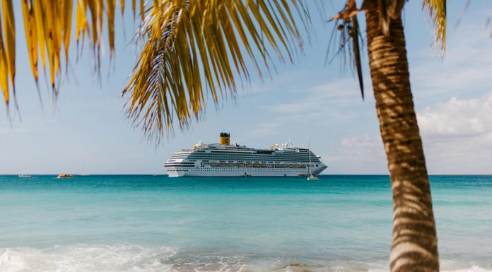 photo of cruis ship in the distance taken from the beach; cruising with teens