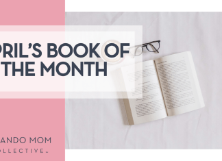 Orlando Mom Book Club: Book of the Month for April 2025 sincerely-media via unsplash open book, a cup of coffee and eye glasses on a white sheet with words 'April's book of the month' on the left side