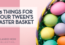 photo of basket with colorful easter eggs for that tween easter with the words "35 things for your tween's easter basket"