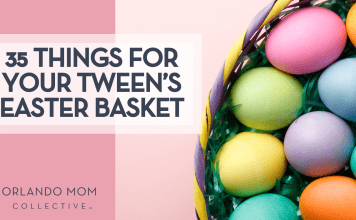 photo of basket with colorful easter eggs for that tween easter with the words "35 things for your tween's easter basket"