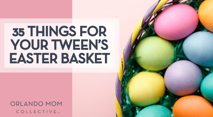 photo of basket with colorful easter eggs for that tween easter with the words "35 things for your tween's easter basket"