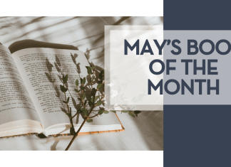 Orlando Mom Book Club: Book of the Month for May 2025 Kate tell via unsplash image of an open book on white fabric with branch over top of book with words 'may's book of the month' on the side