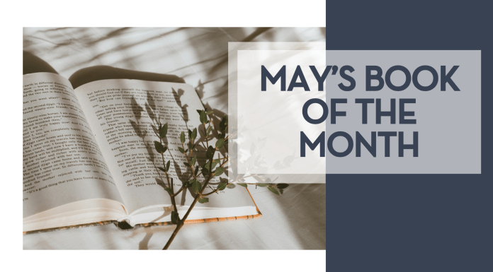 Orlando Mom Book Club: Book of the Month for May 2025 Kate tell via unsplash image of an open book on white fabric with branch over top of book with words 'may's book of the month' on the side