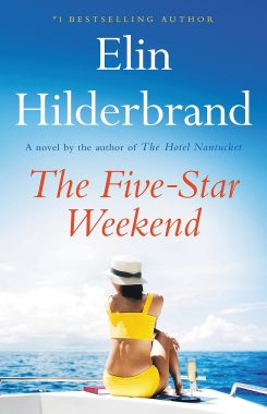 The Five Star Weekend book cover via Amazon - a woman in a yellow swim suit with a white hat on, facing the ocean on a boat