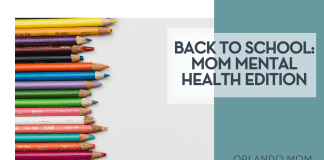 Kelli Tungay via Unsplash colored pencils in a row in various colors on the left with words 'Back To School: Mom Mental Health Edition' on the right