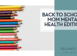 Back To School: Mom Mental Health Edition Kelli Tungay via Unsplash colored pencils in a row in various colors on the left with words 'Back To School: Mom Mental Health Edition' on the right