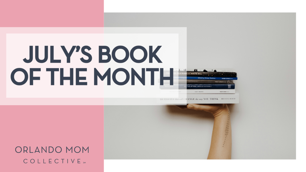 Thought catalog via Unsplash a book star on someone's hand with a white background with words 'July's book of the month' on the left.