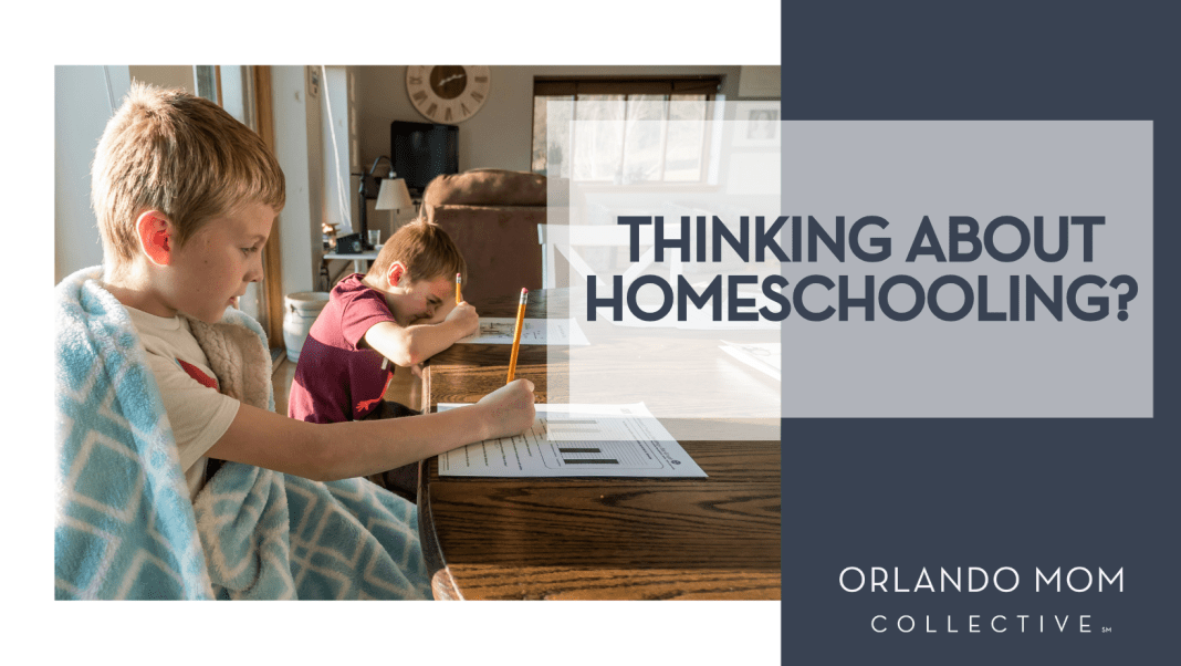 Jessica Lewis via Unsplash two boys at a kitchen table doing school work with 'Thinking About Homeschooling? ' on the right side