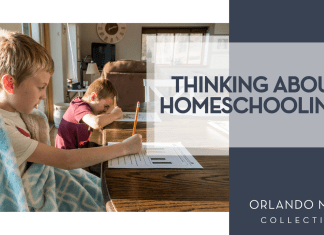 Thinking About Homeschooling? Here’s a Pros and Cons List! Jessica Lewis via Unsplash two boys at a kitchen table doing school work with 'Thinking About Homeschooling? ' on the right side
