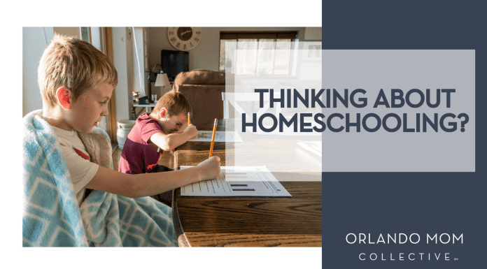 Jessica Lewis via Unsplash two boys at a kitchen table doing school work with 'Thinking About Homeschooling? ' on the right side
