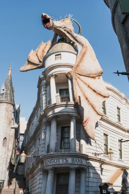 Aditya Vyas via unsplash dragon on the top of Gringott's bank in diagon alley in universal studios Florida