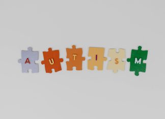 graphic that has 6 puzzle pieces that states "autism" for mental health of autistic kids