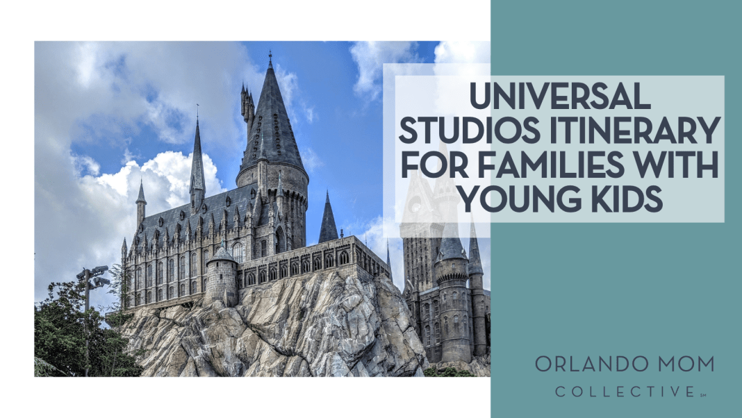 young kids day at universal studios Hogwarts castle via unsplash with words 'universal studios itinerary for families with young kids' on the right