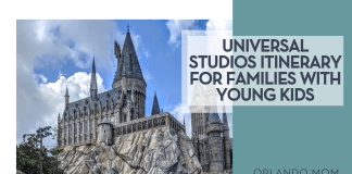 Hogwarts castle via unsplash with words 'universal studios itinerary for families with young kids' on the right