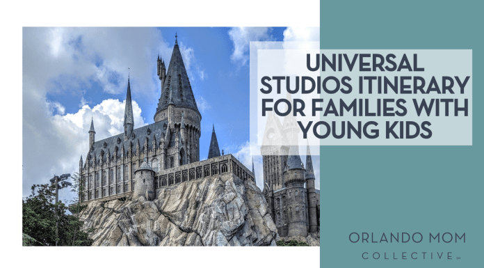 Universal Studios Itinerary for Families with Young Kids Hogwarts castle via unsplash with words 'universal studios itinerary for families with young kids' on the right
