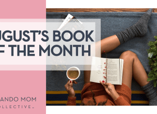 Orlando Mom Book Club: Book of the Month for August 2025 Thought Catalogue woman reading a book with coffee in her hand from above with 'august's book of the month' on the left