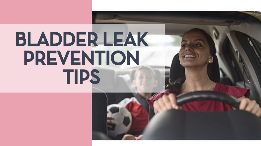 Smiling mom driving a car with her child in the backseat holding a soccer ball, illustrating a typical school commute and the importance of bladder leak prevention tips for busy moms.
