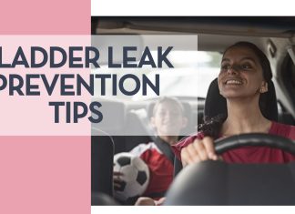 Conquering Car-Line Leaks: Bladder Leak Prevention Tips for Busy Moms Smiling mom driving a car with her child in the backseat holding a soccer ball, illustrating a typical school commute and the importance of bladder leak prevention tips for busy moms.