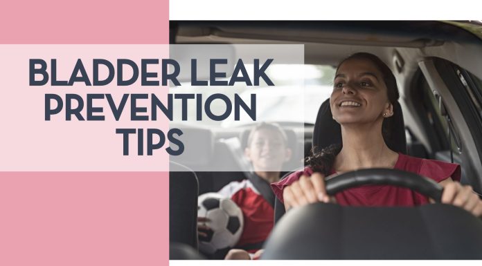 Conquering Car-Line Leaks: Bladder Leak Prevention Tips for Busy Moms Smiling mom driving a car with her child in the backseat holding a soccer ball, illustrating a typical school commute and the importance of bladder leak prevention tips for busy moms.