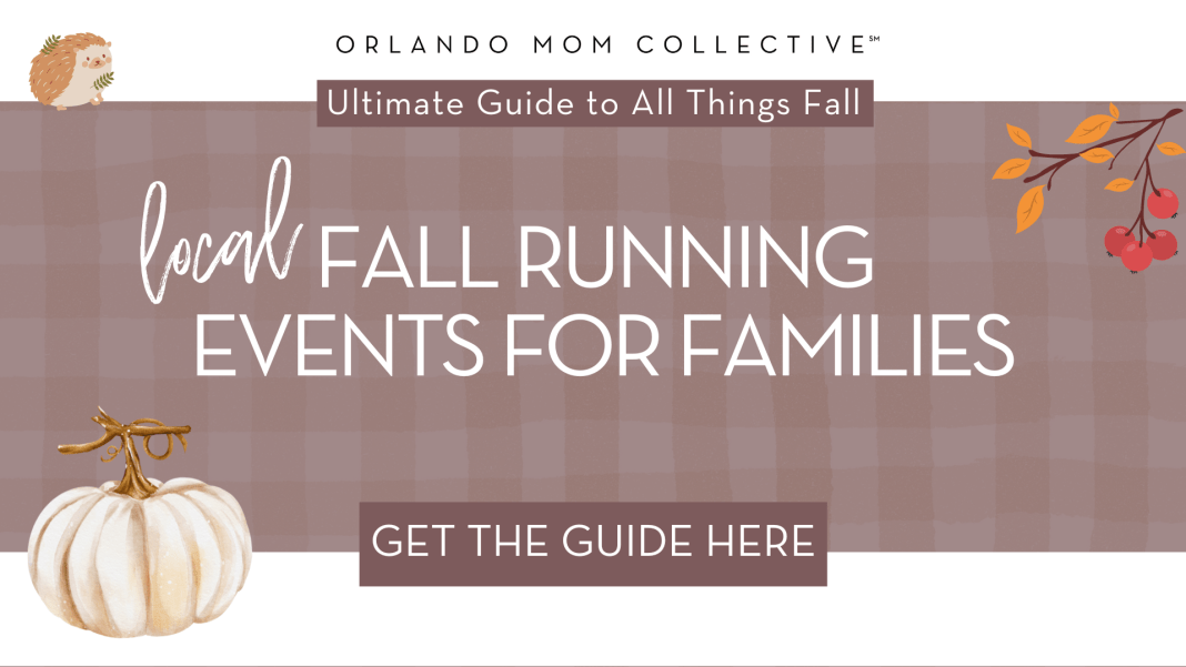 Fall Running Events tan and brown gingham with pumpkin, hedgehog and branch with organs and red leaves with 'local fall running events for families' in the middle.