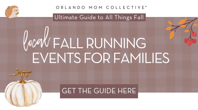 Fall Running Events in Central Florida tan and brown gingham with pumpkin, hedgehog and branch with organs and red leaves with 'local fall running events for families' in the middle.