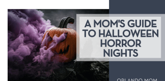 A Mom’s Guide to Halloween Horror Nights Daniel Lincoln via unsplash pumpkin carved with a face and purple smoke coming out of it with words 'a mom's guide to halloween horror nights' on the right