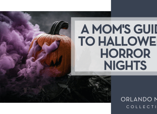 A Mom’s Guide to Halloween Horror Nights Daniel Lincoln via unsplash pumpkin carved with a face and purple smoke coming out of it with words 'a mom's guide to halloween horror nights' on the right