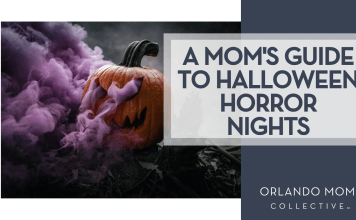 Daniel Lincoln via unsplash pumpkin carved with a face and purple smoke coming out of it with words 'a mom's guide to halloween horror nights' on the right