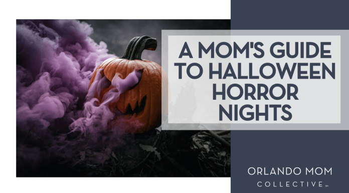 A Mom’s Guide to Halloween Horror Nights Daniel Lincoln via unsplash pumpkin carved with a face and purple smoke coming out of it with words 'a mom's guide to halloween horror nights' on the right