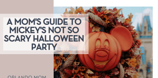 Aiden Craver via Unsplash Mickey pumpkin wreath in Magic Kingdom with Cinderella castle behind it with words 'a mom's guide to Mickey's Not So Scary Halloween Party' on the left